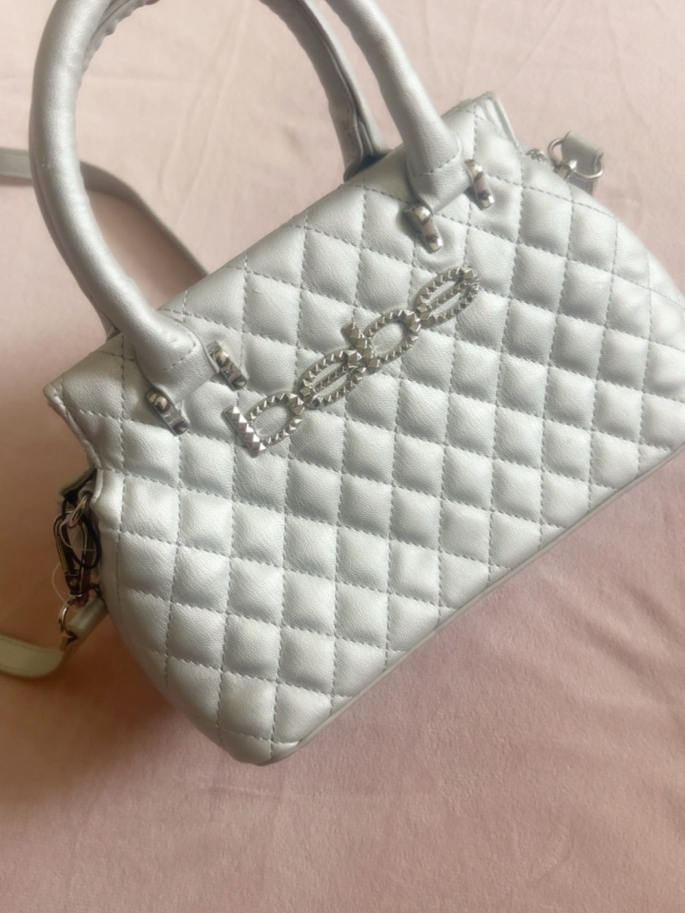 bebe Quilted Satchel in Metallic Silver